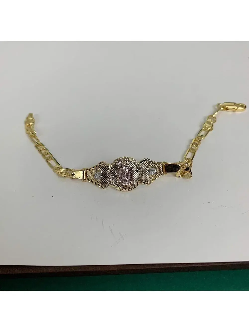 Vintage Y2k Style Gold Saint Marry Heart Pink Cuban Link Figaro Bracelet. 8 inch